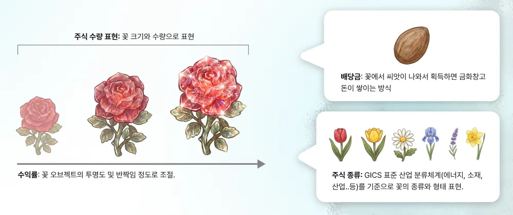 꽃 크기와 투명도, 씨앗, 꽃 종류로 주식 데이터를 표현한 예비심사 슬라이드